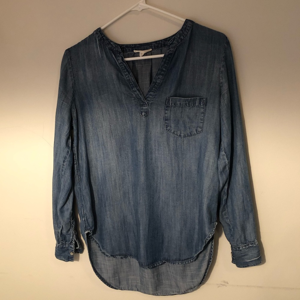 Denim split neck top